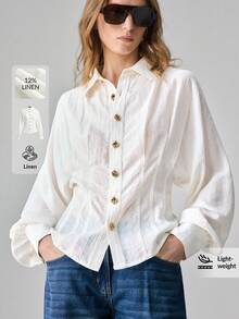 Ontre 2026SS New Women's Shirt, Fitted Silhouette, Embroidered Fabric, Dropped Shoulder, Long Sleeve, Small V-Neck, Modern Elegant Wedding Guest Outfit, Minimalist Romantic French Luxury Feel, Urban Chic Business Casual Office Wear, Low-Key Old Money Vibe, High-End Airport, Cruise Ship, Middle East Essential, High-Quality 4-Season Versatile Wedding Series Dress Puff Sleeve Blouse Sheer Blouse - White - View 2