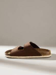 Solecia 女士鞋履春夏新款双扣设计绒面革平底凉拖鞋，舒适麻绳软底，适合日常穿着和海边度假 - 棕色 - 查看 6