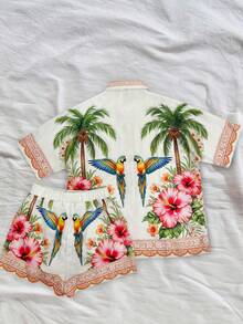 Vaclyn 女士休闲度假棕榈树印花短袖衬衫和短裤套装 - 彩色 - 查看 6