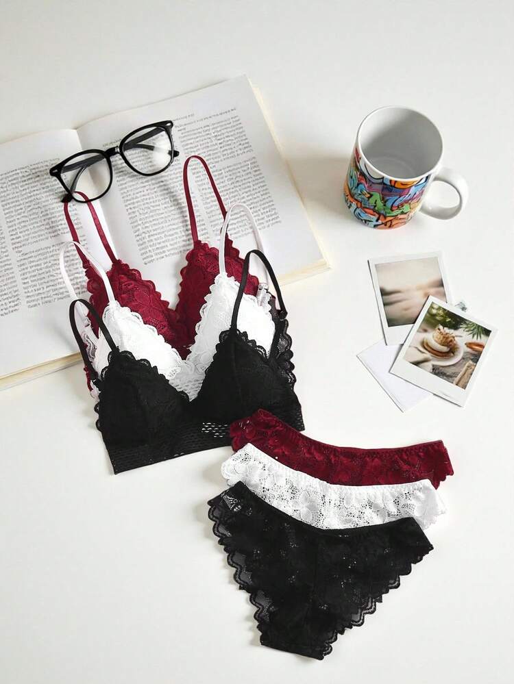3sets Floral Lace Bra & Panty Lingerie Set