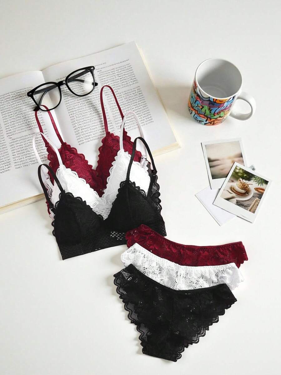Lowkey Lull 3sets Floral Lace Bra & Panty Lingerie Set - Multicolor - View 1