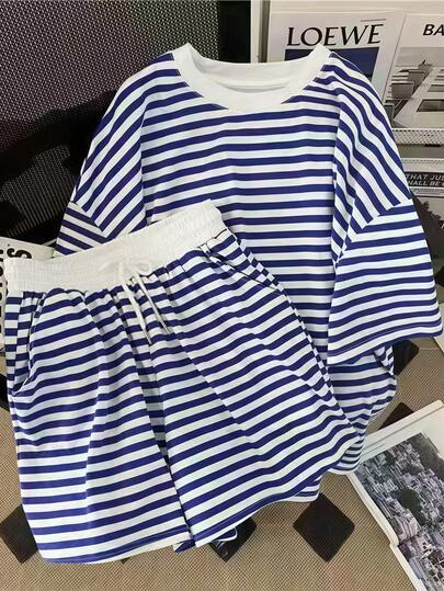 Resyla Women's Striped Crew Neck Short Sleeve T-Shirt And Drawstring Waist Shorts Casual Set