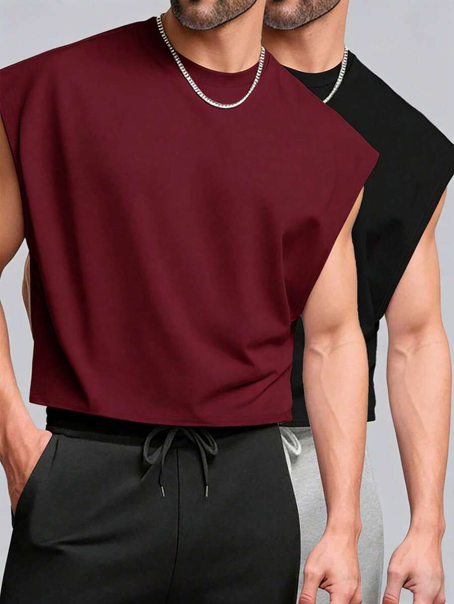 Manfinity Dauomo 2件装男士时尚简约背心，休闲无袖衬衫，适合夏季外出，经典酒红色和黑色组合 - 酒紅色 - 查看 1