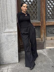 Marta Soriano 女士柔软不对称垂坠镂空金属扣装饰长袖 T 恤 - 黑色 - 查看 1