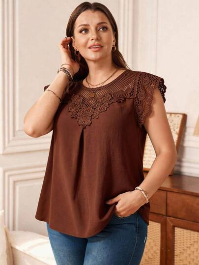 EMERY ROSE 大码女式水溶蕾丝束腰上衣，优雅衬衫，夏季度假必备