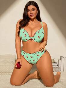 SHEIN Swim Mod Plus Size Women 2pcs/Set Random Print Padded Tankini Swimsuit Set - Olive Green - View 4