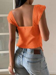 SHEIN EZwear 女士纹理针织荷叶边下摆甜心领短袖优雅T恤，橙色上衣，夏季女士上衣，橙色夏季上衣，夏季休闲上衣，甜心领上衣，女士夏季服装，女士短袖上衣，夏季女士上衣，女士上衣 - 亮橙色 - 查看 4