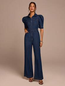 COSMINA Denim 女款時尚海軍藍牛仔連身褲，優雅短袖收腰吊帶褲，日常夏季西式通勤辦公與外出穿搭 - 深色水洗藍 - 查看 3