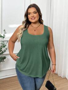 SHEIN CURVE+ 大码女式时尚宽松舒适无袖T恤背心 - 綠色 - 查看 7