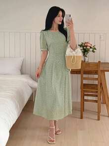 DAZY Women's Floral Print Waist Cinched A-Line Mid-Length Dress, Green Sundress - Green - View 7