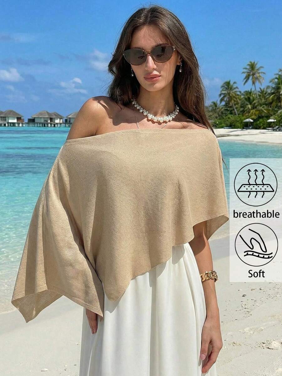 Aloruh 杏色极简性感薄纱罩衫，不对称下摆，不对称肩部设计，女士毛衣