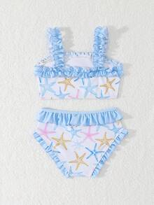 SHEIN 可爱海星印花荷叶边比基尼，适合夏季海滩、游泳、水上乐园、旅行、温泉等场合。女童泳衣套装，儿童泳衣套装，女童泳装，均码女童泳装 - 藍色 - 查看 2
