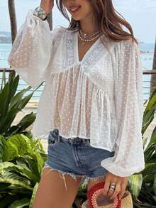 Livesso Women's V-Neck Textured Fabric Elegant Semi-Sheer Blouse - White - View 7