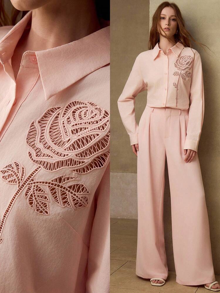 WOMEN'S ROMANTIC ROSE EMBROIDERED COTTON SHIRT