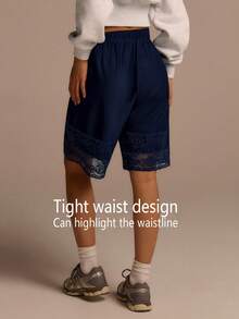 Fluxe Pantaloncini larghi da donna con coulisse in vita e pizzo a contrasto - Blu Navy - Visualizzare 7
