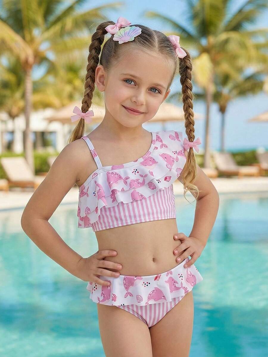 女童泳衣套装，条纹海豚印花图案，可爱泳装套装，适合度假、海滩玩耍 - 彩色 - 查看 1