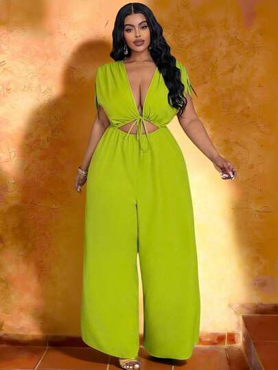 Veslaya 2026 Spring/Summer Plus Size Women Casual Vacation Solid Yellow-Green Deep V Drawstring Waist Cutout Short Sleeve Drawstring Wide Leg Jumpsuit