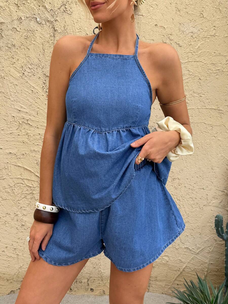 SHEIN Bộ đồ bầu gồm áo tank top và quần short denim cổ yếm xếp ly, kiểu dáng thường ngày. - Màu xanh lam - Xem 1