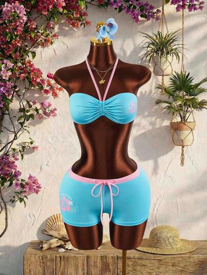 Amplova 2026 New Ocean Color Block Strapless Cropped Top And Low Waist Color Block Shorts Set For Women