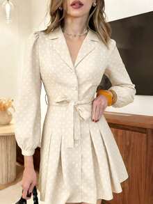 SHEIN PariChic Women's Elegant Rose Print Long-Sleeved Dress,Beige Summer Date A-Line Short Dress With Bow Belt,Front Buttons, Puff-Sleeved Stylish Design - Apricot - View 3