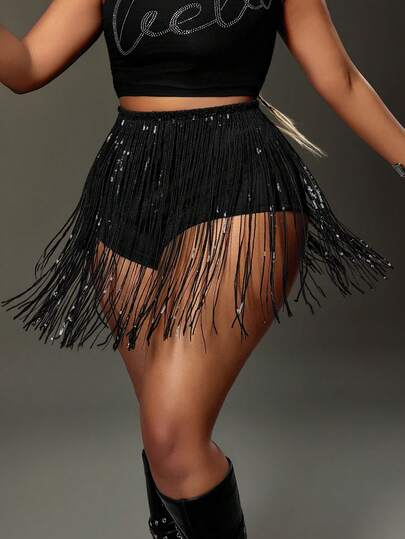 Maweii Shorts con lentejuelas y flecos sexy para mujer de talla grande, elegantes y personalizados, adecuados para festivales de música, fiestas, vacaciones y reuniones