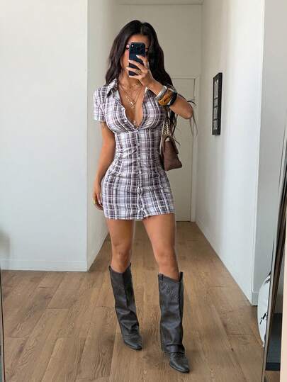 Coolane Women's Spring/Summer Streetwear Vintage Going Out Y2K Plaid Graphics Comfortable Waist-Cinched Shirt Mini Dress