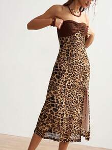 Bohemela 波西米亚风优雅豹纹撞色蕾丝长裙 - 摩卡棕 - 查看 6