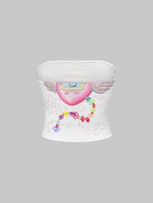 ROMWE Kawaii Cute Collegiate Style Funny Bandeau White Blouse For Women - White - View 2