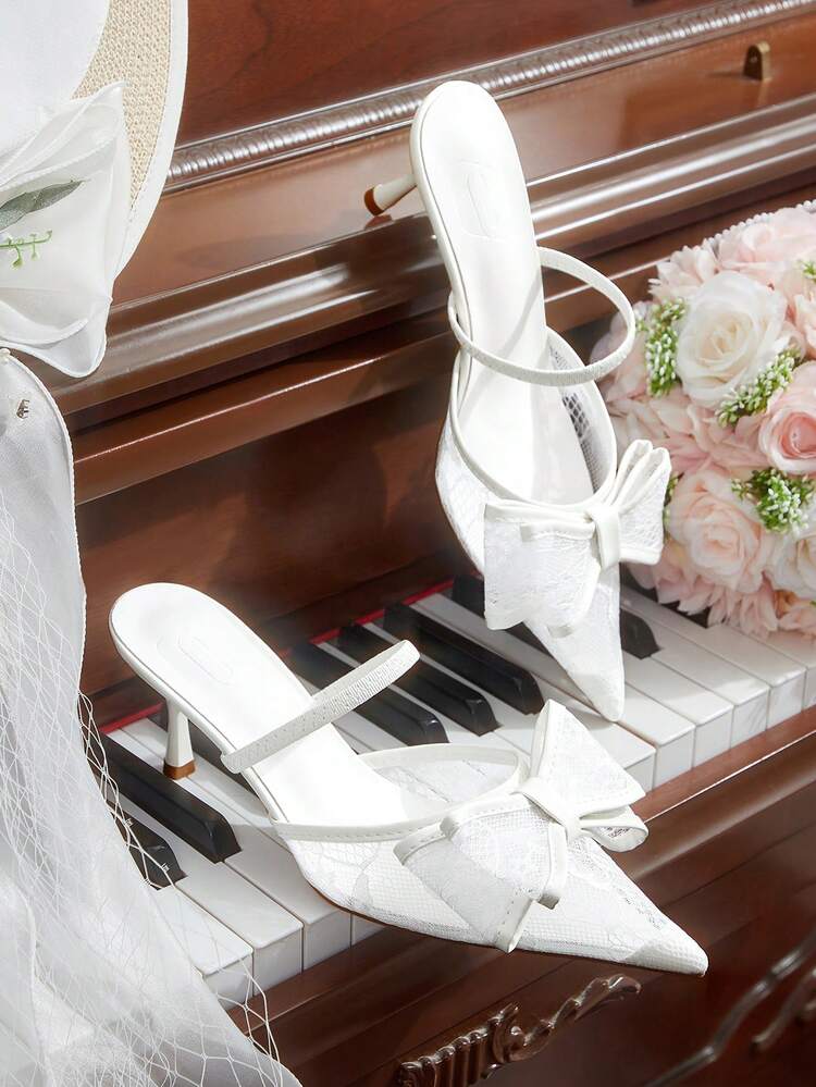 CUCCOO HITCHD Women Shoes Spring And Summer New Lace Bow 6.5cm Women's High Heel Shoes Pointed Thin Heel Elegant White Mesh Daily Dating Women's High Heel Sandals Summer Shoes Wedding Shoes Bride Shoes