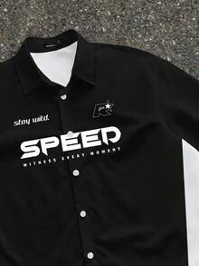 Manfinity ZONE917 Men's Letter Print Single-Breasted Casual Versatile Daily Wear Short Sleeve Shirt - Black - View 2