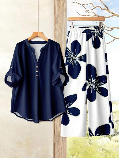 Rusticease Women's Vintage Floral Print V-Neck Loose Blouse And Straight Leg Pants Two Pieces Set, Comfortable Casual Outfit Suitable For Beach, Chic And Romantic