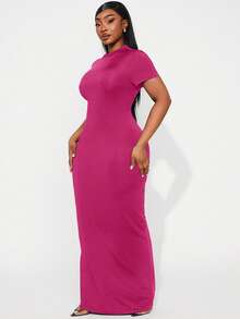 Radiana Plus Size Elegant Solid Color Slim Fit Dress, Summer Mint Green Short Sleeve Maxi Curvy Women Dresses Curve Bodycon Evening Party Date Night Light - Hot Pink - View 3