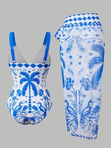 SHEIN Swim Oasis 2026夏季新款蓝白渡渡鸟棕榈树印花连体泳衣，含纱笼裙，两件套，优雅休闲，适合海滩度假、音乐节、海边约会、海滩派对、泳池派对等场合。女士沙滩装，夏季泳衣比基尼套装，含罩衫，连体泳衣，收腹设计。 - 藍白色 - 查看 2