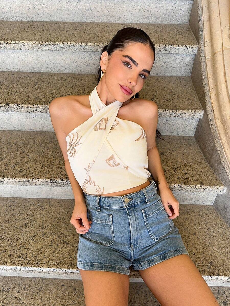 Marta Soriano Parte superior sin mangas y con escote halter con bordados, de estilo vintage, ideal para Navidad, Nochevieja, Acción de Gracias, fiestas elegantes, invierno, graduación, baile de graduación, eventos de lujo por la noche y playa en verano - Blanco - Ver 1