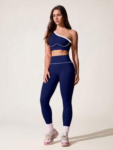 SHEIN Core Rhythm Bộ đồ thể thao nữ gồm áo tank top yoga lệch vai không đường may và quần tập nâng mông co giãn cao. - Màu xanh hải quân - Xem 6
