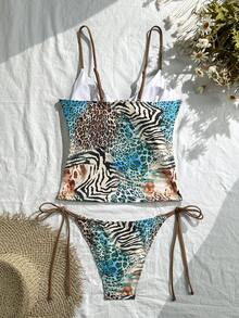 Swim Vcay Bộ đồ bơi nữ mùa xuân/hè in kỹ thuật số, không gọng, dây mảnh và quần short bơi buộc dây bên hông, thích hợp cho kỳ nghỉ biển. - Màu xanh lam - Xem 2