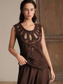 Anewsta Blusa casual ajustada de talla grande para mujer con cuello redondo y diseño calado de unicolor - Marrón - Ver 5