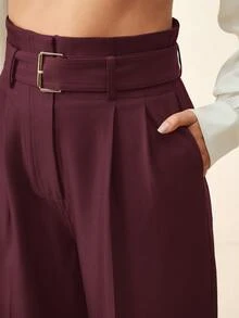 Anewsta 女士纯色褶裥阔腿裤，休闲宽松高腰百搭办公服饰 - 紅木色 - 查看 6