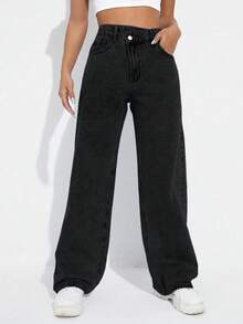 SHEIN EZwear 大码女式时尚休闲不对称腰部水洗长裤 - 黑色 - 查看 1