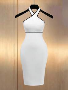 Franclia 女士白色露背吊带连衣裙，黑色滚边 - 黑與白 - 查看 5