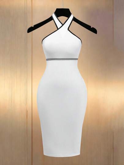 Franclia Women's White Backless Spaghetti Strap Dress With Black Trim