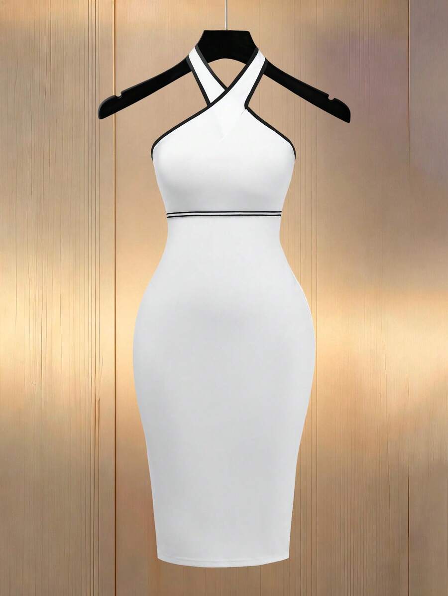 Franclia Women's White Backless Spaghetti Strap Dress With Black Trim - Black and White - View 1