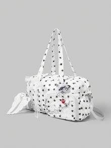 ROMWE 1 pieza Bolso de tote de mujer con decoración de lazo a rayas, colgante de nota musical estrella azul kawaii dulce y lindo, estilo retro Y2K, de moda y sencillo, con múltiples bolsillos, de gran capacidad, adecuado para compras, viajes, ir al trabajo, universidad - Blanco - Ver 2