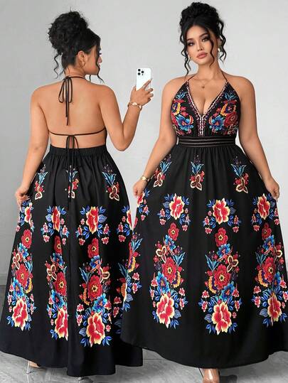 Elenzga Plus Size Women's New Summer Romantic Elegant Maxi Dress, Bohemian Style Beach Dress, Lace Patchwork Extra Long Dress, V-Neck Tie Strap Backless Off-Shoulder Dress