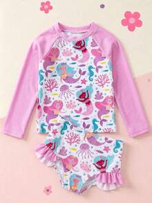 SHEIN 2pcs/Set Young Girl Casual Knit Crew Neck Long Sleeve Top And Triangle Swim Shorts Set - Blue - View 9