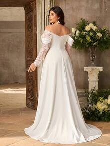 Aureia 大码优雅奢华浪漫白色弹力针织蕾丝拼接露肩薄纱蕾丝袖褶裥垂褶领口A字下摆新娘婚纱 - 白色 - 查看 4