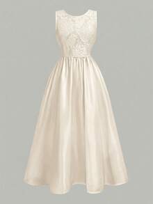 Pitira Tween Girls Woven Satin Stitching Lace Lace Details With Belt Tied Bow Long Elegant Temperament Dress, Ball Gown/Princess Dress, Wedding Season, Flower Girl Dress, Spring Festival, Party - Apricot - View 6