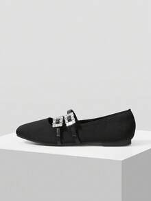 MOTF PREMIUM Zapatos planos de piel sintética de poliuretano con decoración de rhinestones - Todo negro. - Ver 3