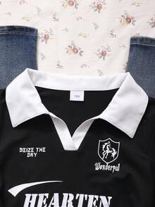 SHEIN 女童撞色 Polo 领字母印花侧褶短袖露脐 T 恤，甜美时尚风格，适合春夏休闲穿着，上学、外出皆宜。 - 黑色 - 查看 3