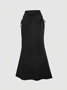 SHEIN MOD Petite 女士高腰侧抽绳褶裥鱼尾长款黑色半身裙 - 黑色 - 查看 5